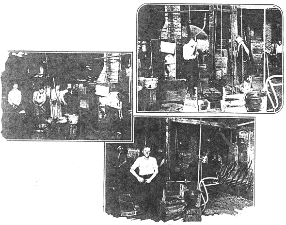 Left - Primary operations in the hand-blowing of large glass containers./Top - Where compressed air is used to expand the glass bubble, within the cast-iron mold, that forms the body of the 12-gallon container./ Bottom - At this stage the cooling action of compressed air is employed to solidify the plastic glass.