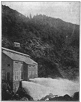 FIG. 22DE SABLA POWER-HOUSE, SHOWING LONG SPANS ON 40-FOOT POLES, CROSSING MOUNTAIN RAVINES