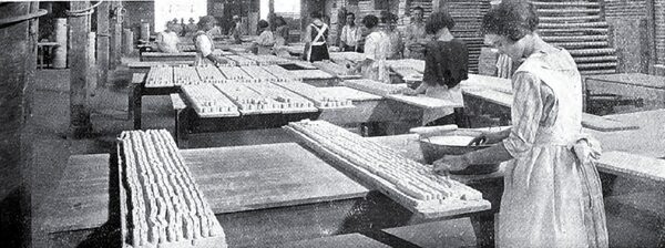 The Same Racks , Which Carried the Ware from the Press Line, Carry It Thru the Dryers to the Dipping Room. Here Any Necessary Fettling Is Done. All Pieces Are Dipped.