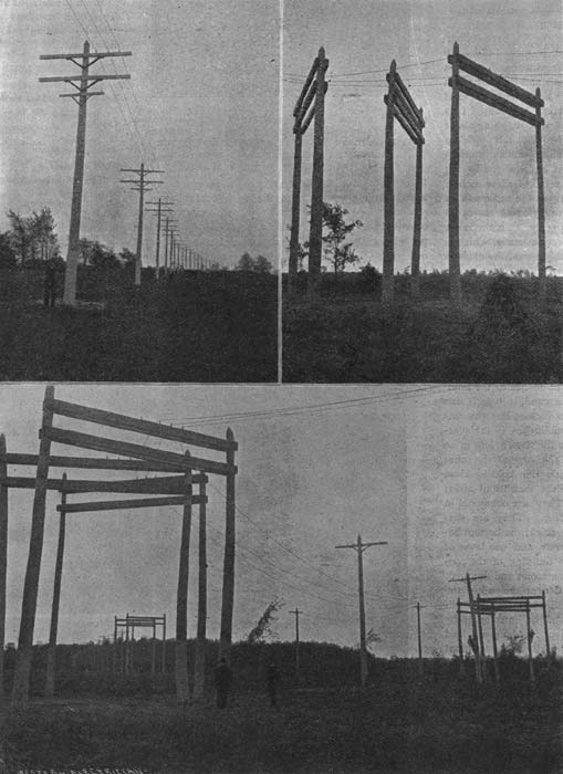 A fine section of the pole line. Turning a corner./A very crooked portion of the pole line.//ELECTRIC POWER TRANSMISSION FROM NIAGARA FALLS TO BUFFALO.