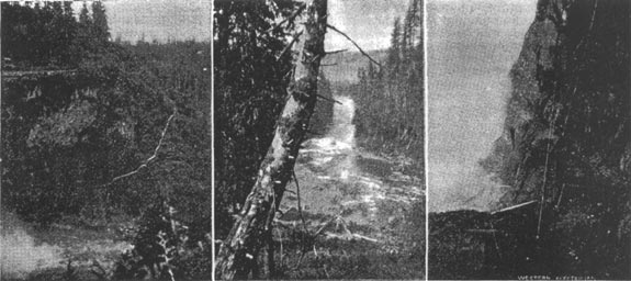 SNOQUALMIE FALLS TRANSMISSION./ Fig. 6. Foot of Falls and Stairway./ Fig. 7. River below the Falls./Fig. 8. Whirlpool, Tunnel Entrance, Air Pipe and Conveying Cable.