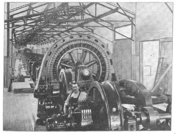 FIG. 4. CHICAGO-JOLIET ELECTRIC RAILWAY.  INTERIOR OF JOLIET POWER HOUSE SHOWING ALTERNATORS AND EXCITERS.