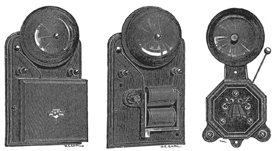 (left) BOX BELL. (center) BOX BELL (INTERNAL MECHANISM.)